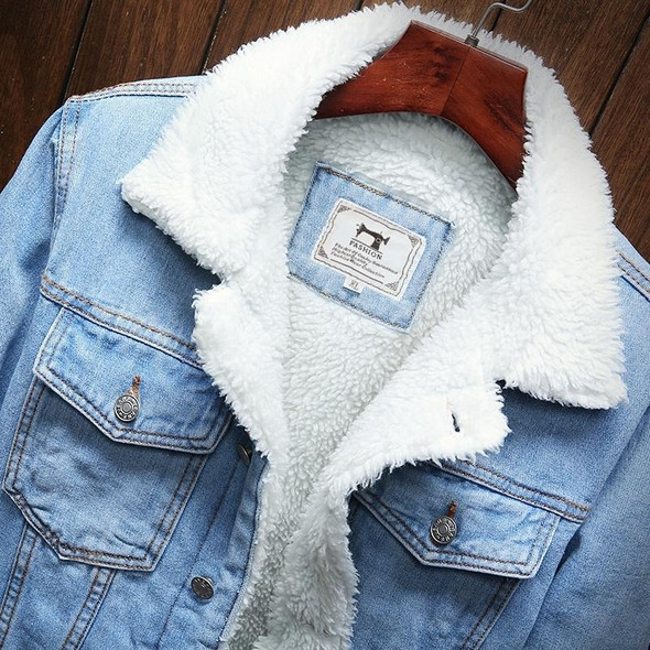 Men Winter Wool Liner Jean Jackets Outerwear Warm Denim Coats, Size:XXXL(Sky Blue)