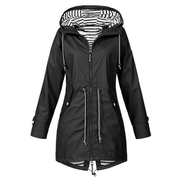 Women Waterproof Rain Jacket Hooded Raincoat, Size:L(Black)