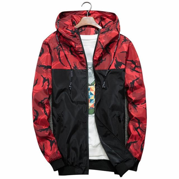 Men Bomber Jacket Thin Slim Long Sleeve Camouflage Military Jackets Hooded, Size: XXL(Red)