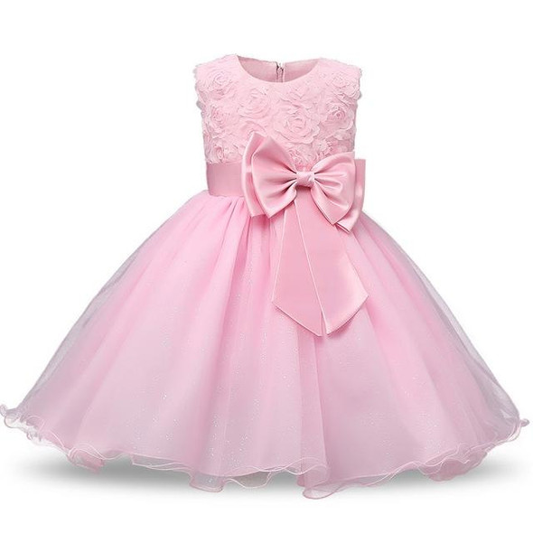 Pink Girls Sleeveless Rose Flower Pattern Bow-knot Lace Dress Show Dress, Kid Size: 140cm