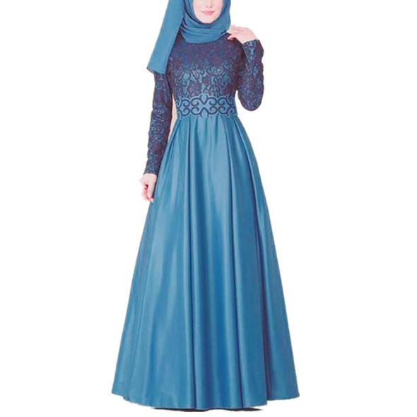 Lace Stitching Retro Large Swing Dress Ethnic Style Long-Sleeved Slim Dress, Size:XXXXXL(Blue)