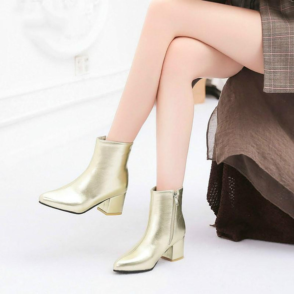 Autumn  Winter Glitter Square Heel Pointed Low-Top Women Boots, Size:37(Gold)