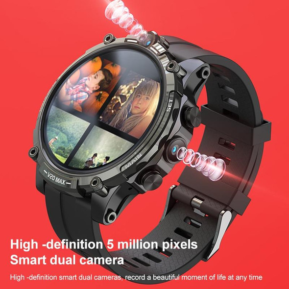 V20 1.6 inch WiFi 4G SIM Card Dual Camera Smart Watch, Memory:Ram 4GB Rom 128GB(Black Silicone)