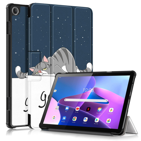 For Lenovo Tab M10 10.1 3rd Gen 3-folding Magnetic Buckle Coloured Drawing Leatherette Smart Tablet Case(Lazy Cat)