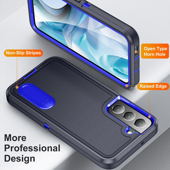 For Samsung Galaxy S23 5G 3 in 1 Rugged Holder Phone Case(Dark Blue+Sapphire Blue)