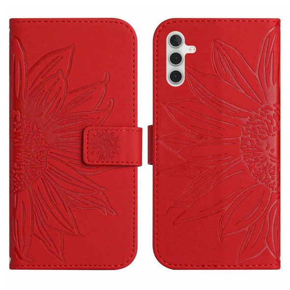 For Samsung Galaxy A04S Skin Feel Sun Flower Pattern Flip Leatherette Phone Case with Lanyard(Red)