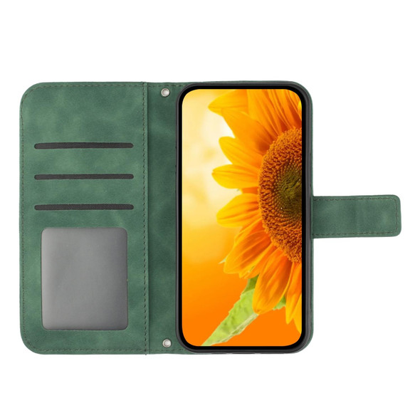 For Samsung Galaxy A20S Skin Feel Sun Flower Pattern Flip Leatherette Phone Case with Lanyard(Green)