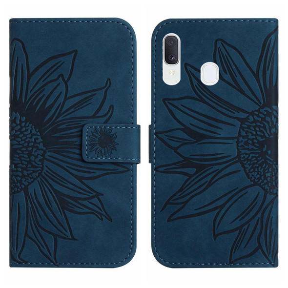 For Samsung Galaxy A30/A20/M10S Skin Feel Sun Flower Pattern Flip Leatherette Phone Case with Lanyard(Inky Blue)