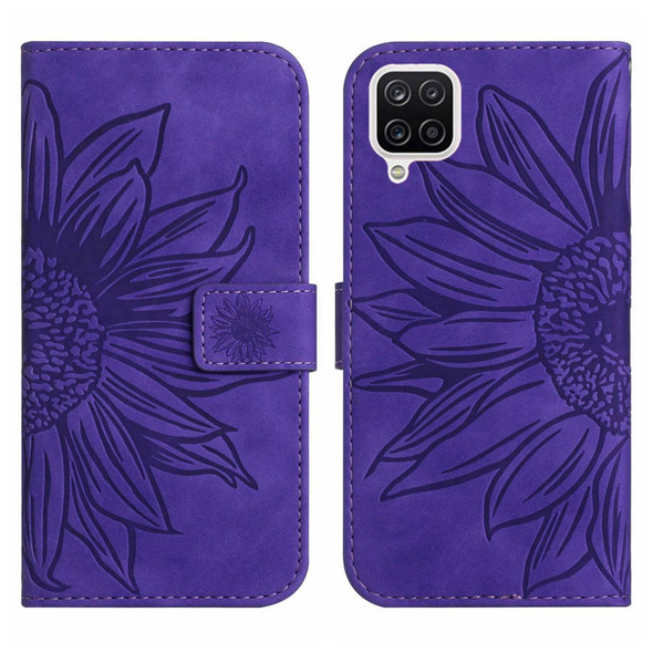 For Samsung Galaxy A22 4G Skin Feel Sun Flower Pattern Flip Leatherette Phone Case with Lanyard(Dark Purple)