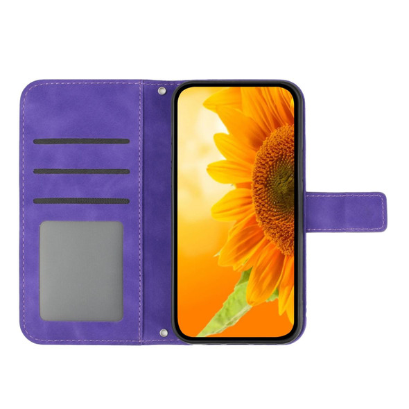 For Samsung Galaxy A22 5G Skin Feel Sun Flower Pattern Flip Leatherette Phone Case with Lanyard(Dark Purple)