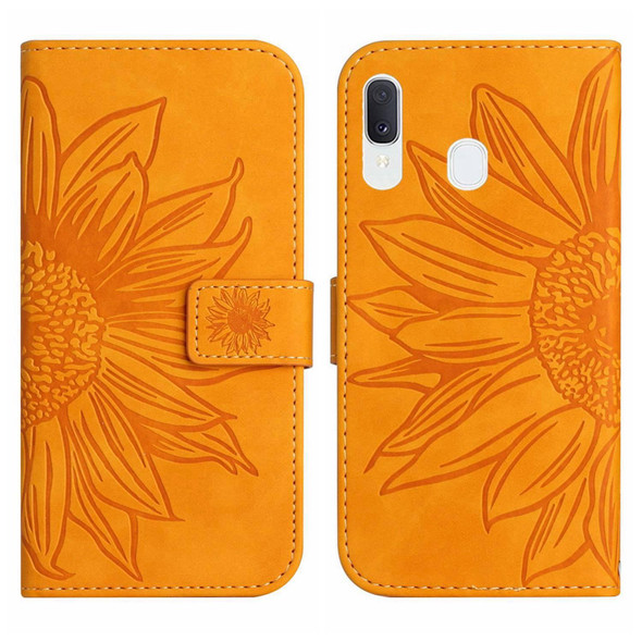 For Samsung Galaxy A30/A20/M10S Skin Feel Sun Flower Pattern Flip Leatherette Phone Case with Lanyard(Yellow)