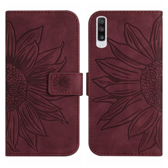 For Samsung Galaxy A70/A70S Skin Feel Sun Flower Pattern Flip Leatherette Phone Case with Lanyard(Wine Red)
