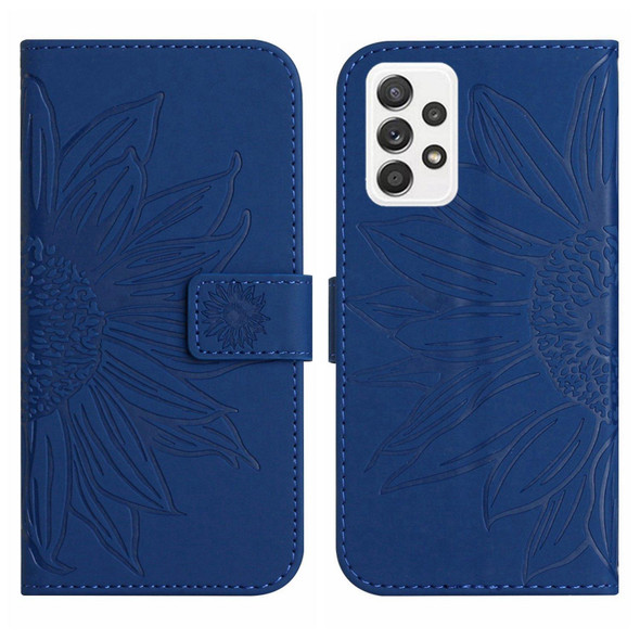 For Samsung Galaxy A52/A52S Skin Feel Sun Flower Pattern Flip Leatherette Phone Case with Lanyard(Dark Blue)