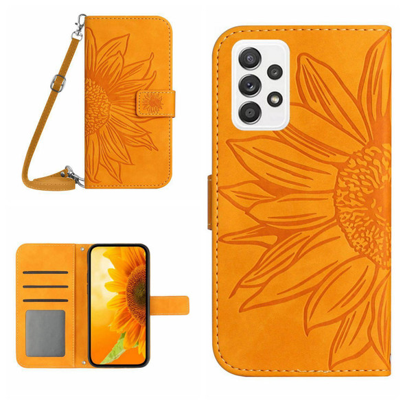 For Samsung Galaxy A52/A52S Skin Feel Sun Flower Pattern Flip Leatherette Phone Case with Lanyard(Yellow)