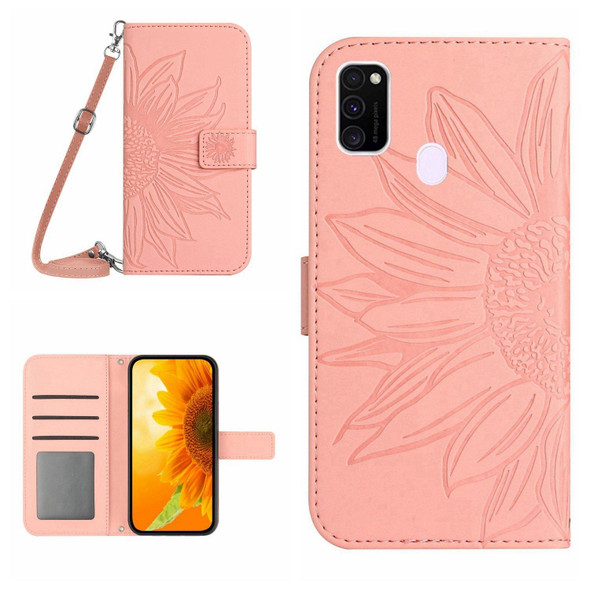 For Samsung Galaxy M21/M30S Skin Feel Sun Flower Pattern Flip Leatherette Phone Case with Lanyard(Pink)