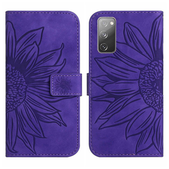 For Samsung Galaxy S20 FE Skin Feel Sun Flower Pattern Flip Leatherette Phone Case with Lanyard(Dark Purple)