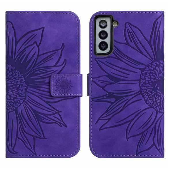 For Samsung Galaxy S21 5G Skin Feel Sun Flower Pattern Flip Leatherette Phone Case with Lanyard(Dark Purple)