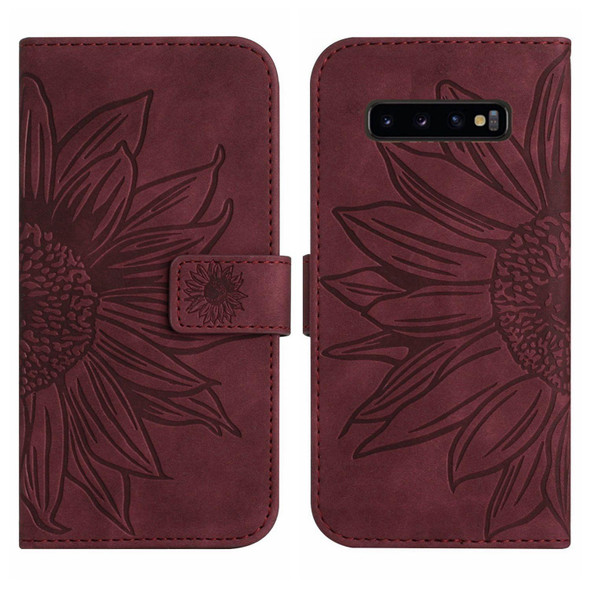 For Samsung Galaxy S10 Skin Feel Sun Flower Pattern Flip Leatherette Phone Case with Lanyard(Wine Red)