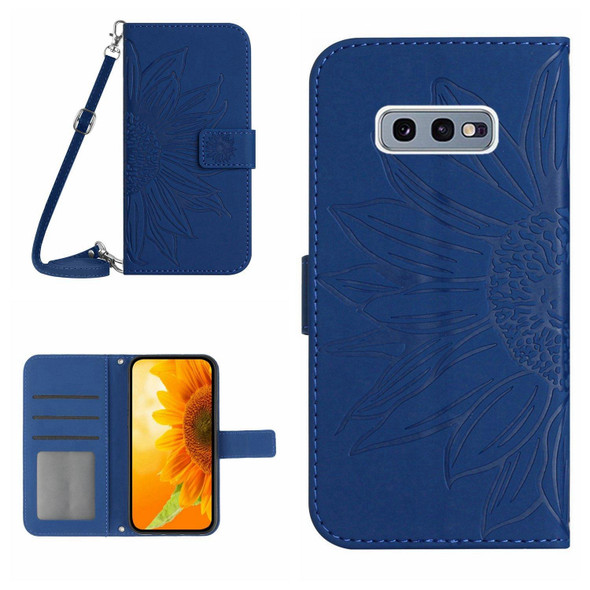 For Samsung Galaxy S10E Skin Feel Sun Flower Pattern Flip Leatherette Phone Case with Lanyard(Dark Blue)