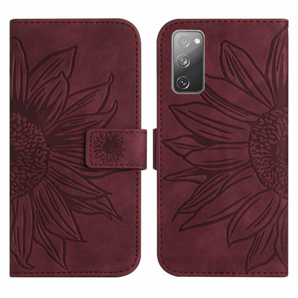 For Samsung Galaxy S20 FE Skin Feel Sun Flower Pattern Flip Leatherette Phone Case with Lanyard(Wine Red)