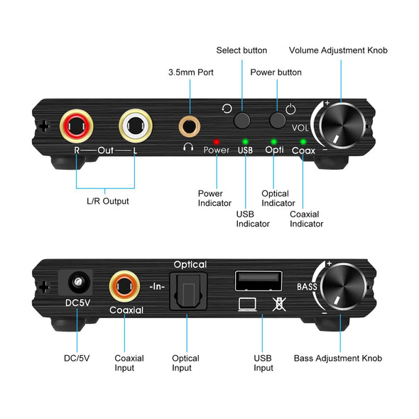 AY107 Digital to Analog Converter Optical Fiber Analog Audio Decoder USB Sound Card Digital Audio Converter