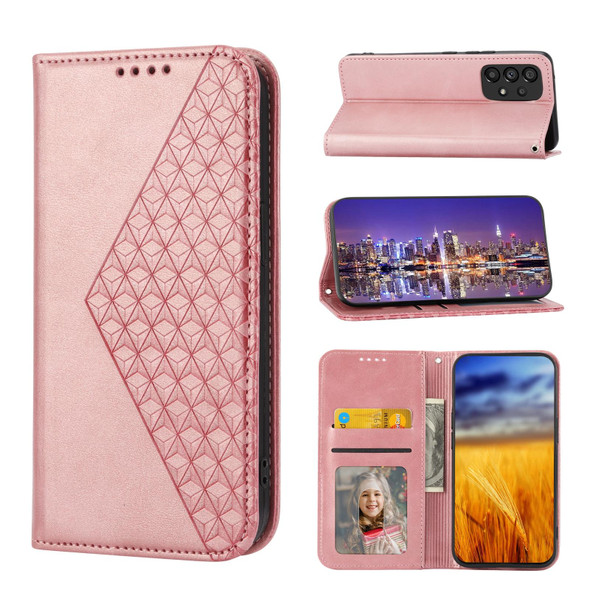 Cubic Grid Calf Texture Magnetic Closure Leatherette Phone Case For Xiaomi Redmi Note 10 4G/Note 10S 4G/Poco M5s 4G/Note 11SE India(Rose Gold)