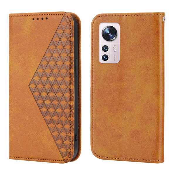 For Xiaomi 12 Pro/12S Pro Cubic Grid Calf Texture Magnetic Closure Leather Phone Case(Yellow)