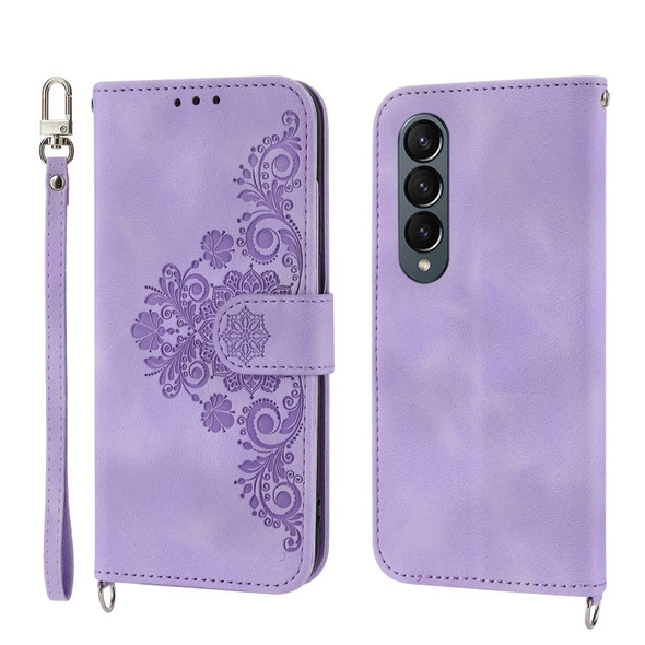 For Samsung Galaxy Z Fold3 5G Skin-feel Flowers Embossed Wallet Leatherette Phone Case(Purple)