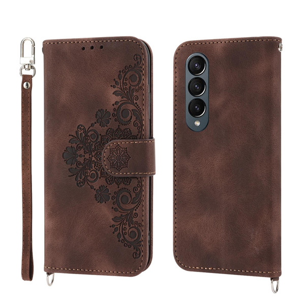 For Samsung Galaxy Z Fold3 5G Skin-feel Flowers Embossed Wallet Leatherette Phone Case(Brown)