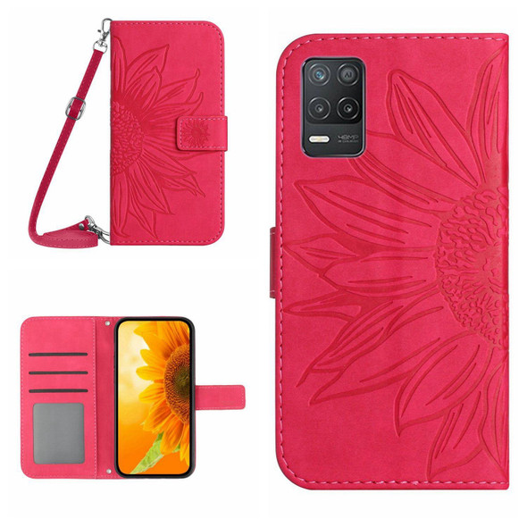 For Realme 8 5G Skin Feel Sun Flower Pattern Flip Leatherette Phone Case with Lanyard(Rose Red)