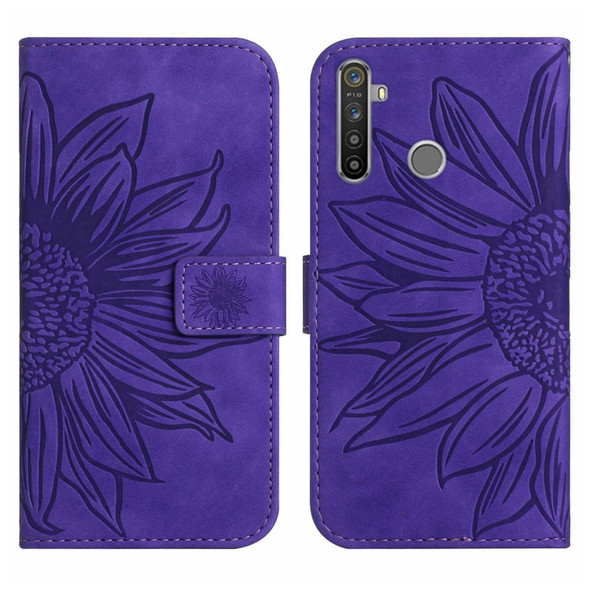 For Realme 5 Pro Skin Feel Sun Flower Pattern Flip Leatherette Phone Case with Lanyard(Dark Purple)