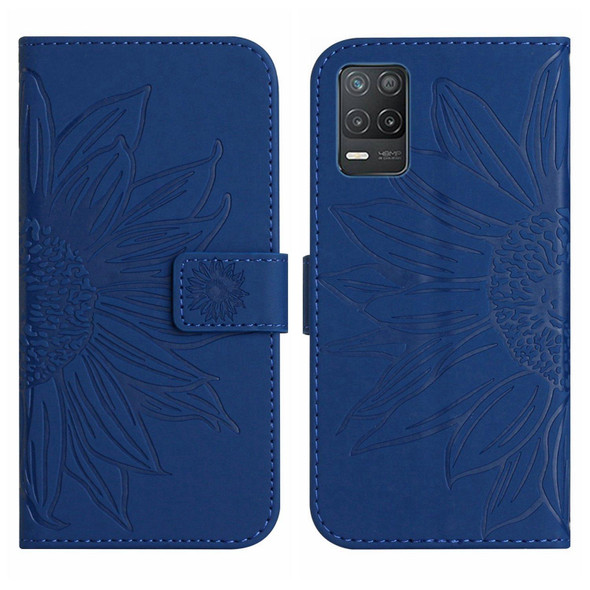 For Realme 8 5G Skin Feel Sun Flower Pattern Flip Leatherette Phone Case with Lanyard(Dark Blue)