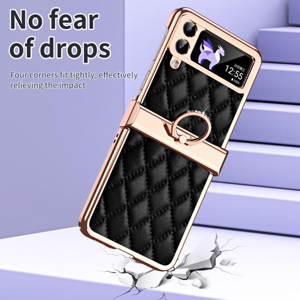 For Samsung Galaxy Z Flip3 5G Grid Leatherette Pattern Electroplating Frame Folding Phone Case(Black)