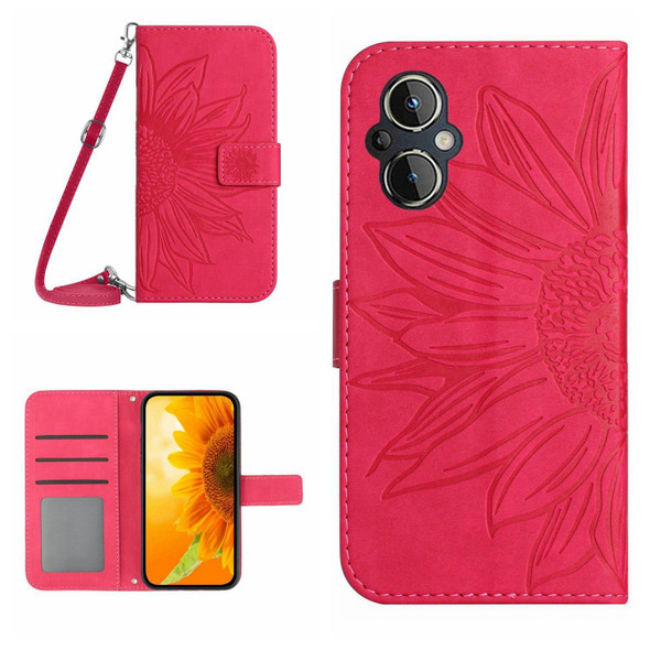 For OPPO Reno7 Lite/Reno8 Lite/Reno7 Z 5G Skin Feel Sun Flower Pattern Flip Leatherette Phone Case with Lanyard(Rose Red)