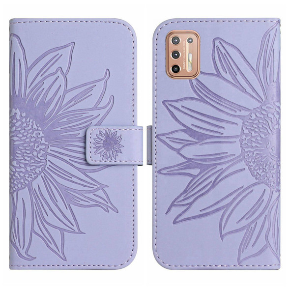 For Motorola Moto G9 Plus Skin Feel Sun Flower Pattern Flip Leatherette Phone Case with Lanyard(Purple)