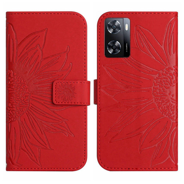 For OPPO A57 4G/A57 5G/A77 4G/A77 5G Skin Feel Sun Flower Pattern Flip Leatherette Phone Case with Lanyard(Red)