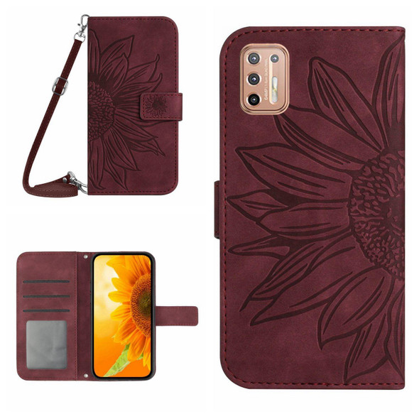 For Motorola Moto G9 Plus Skin Feel Sun Flower Pattern Flip Leatherette Phone Case with Lanyard(Wine Red)