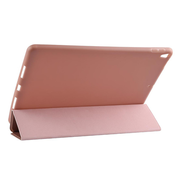 PU Plastic Bottom Case Foldable Deformation Left and Right Flip Leather Case with Three Fold Bracket & Smart Sleep for iPad Air3 2019(Rose Gold)