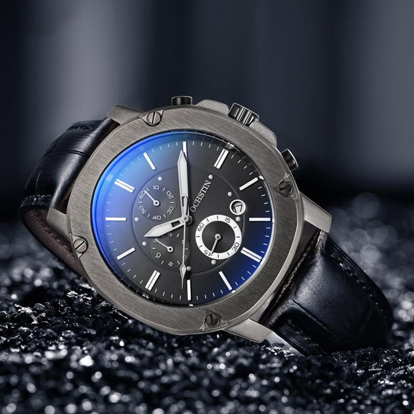 Ochstin 5039C Multifunctional Business Men Watch Luminous Waterproof Leather Quartz Watch(Silver+Silver+Blue)