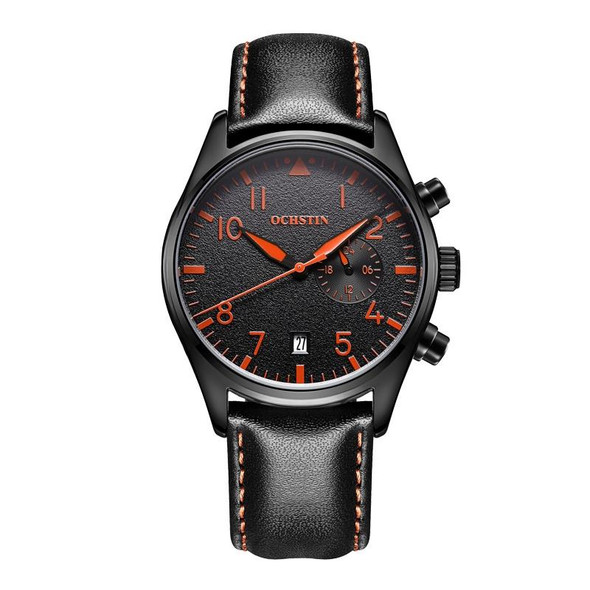 Ochstin 5043C Multifunctional Business Waterproof Leather Strap Quartz Watch(Black+Black+Orange)