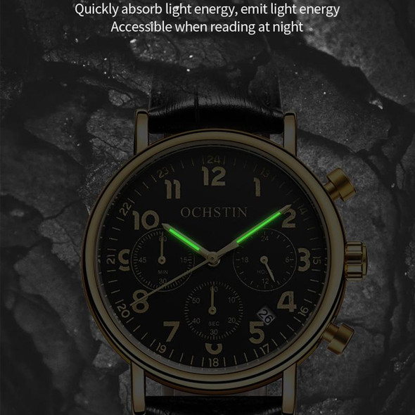 Ochstin 5081A Multifunctional Luminous Waterproof Leather Strap Quartz Watch(Gold+Black+Black)