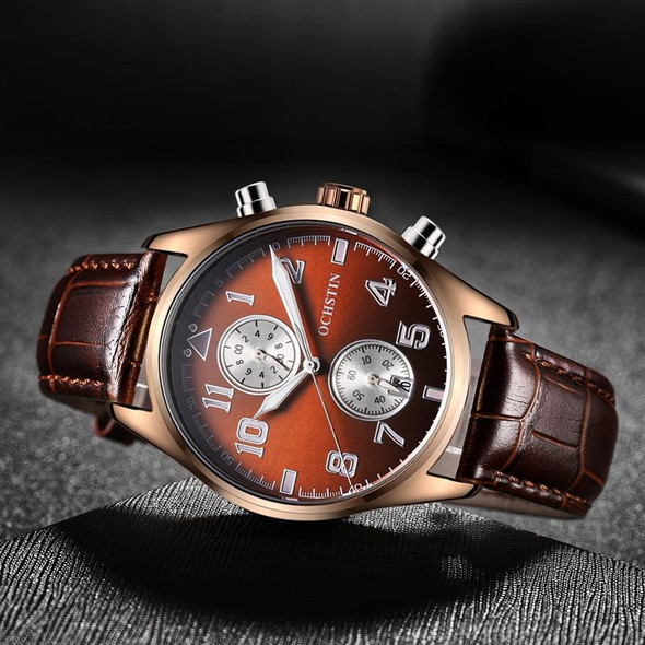 Ochstin 5043G Multifunctional Waterproof Leather Strap Quartz Watch(Coffee+Rose Gold+Coffee)