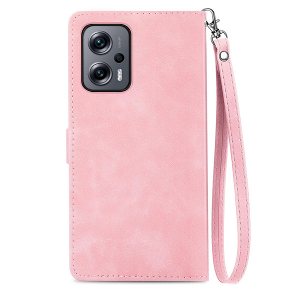 For Redmi Note 11T Embossed Flower Zipper Leatherette Phone Case(Rose Gold)