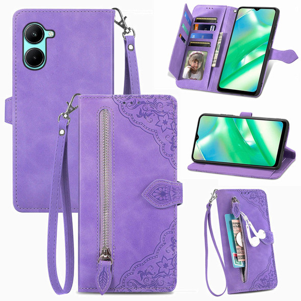 For Realme C33 Embossed Flower Zipper Leatherette Phone Case(Purple)