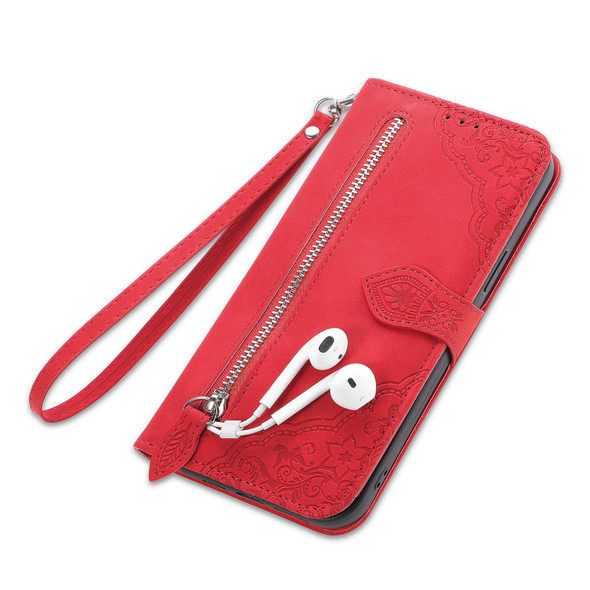 For Motorola Moto G32 Embossed Flower Zipper Leatherette Phone Case(Red)