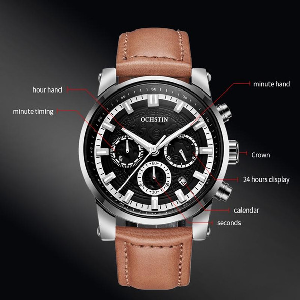 Ochstin 5111B Multifunctional Business Waterproof Luminous Leather Strap Quartz Watch(Silver+Black)