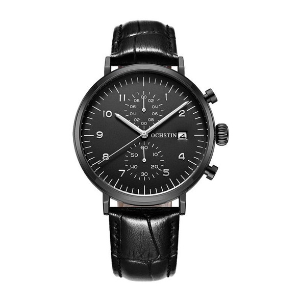 Ochstin 5076D Multifunctional Business Leather Waterproof Luminous Quartz Watch(Black+Black)