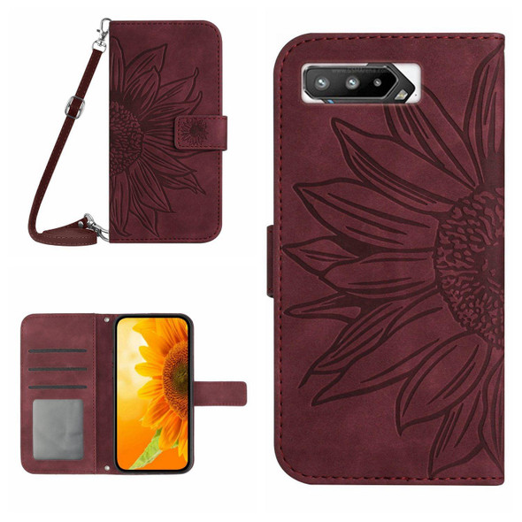For Asus ROG Phone 5 ZS673KS Skin Feel Sun Flower Pattern Flip Leatherette Phone Case with Lanyard(Wine Red)