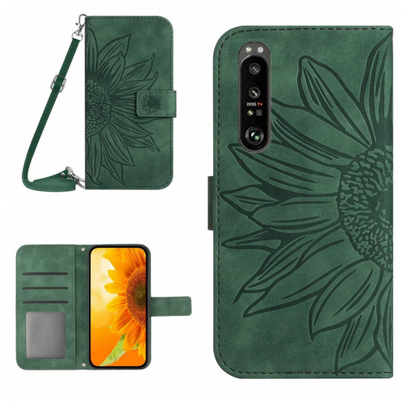 For Sony Xperia 1 III Skin Feel Sun Flower Pattern Flip Leatherette Phone Case with Lanyard(Green)