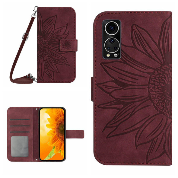 For ZTE Axon 30 5G Skin Feel Sun Flower Pattern Flip Leather Phone Case with Lanyard(Wine Red)